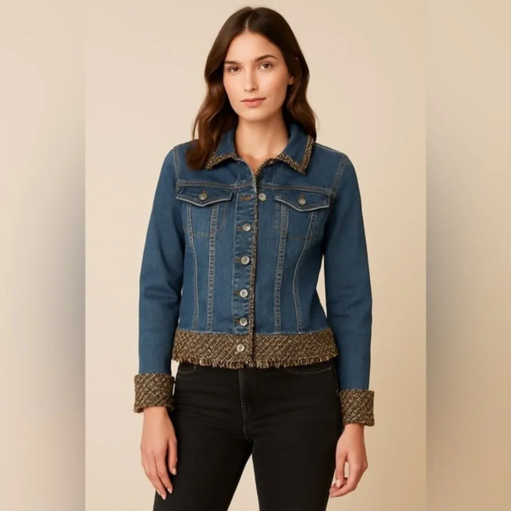 Coldwater Creek Denim Jacket with Tweed Trim - Picture 1 of 6
